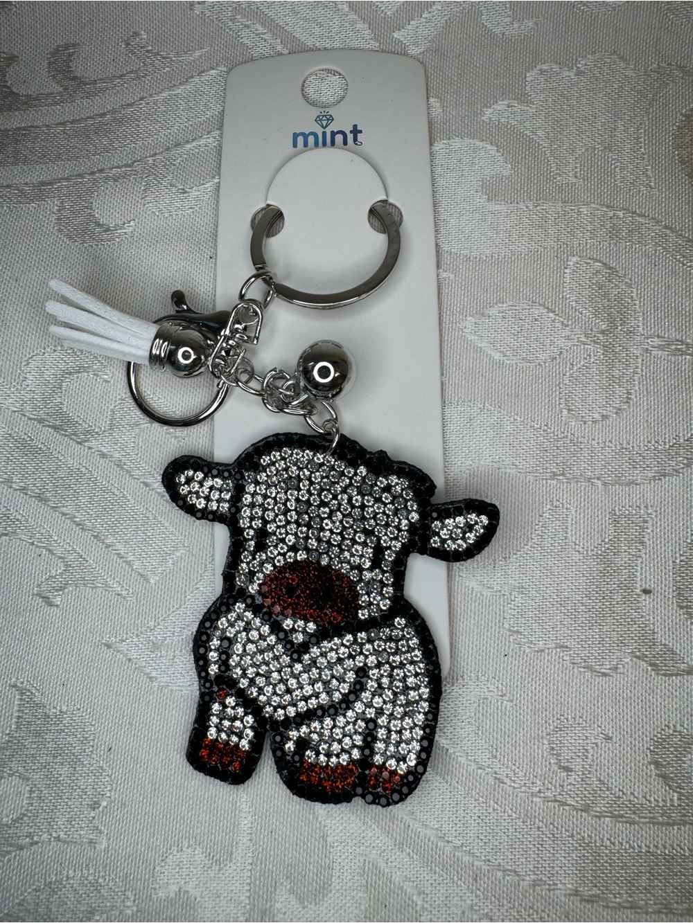 New Mint Rhinestone Cow Keychain - White and Black